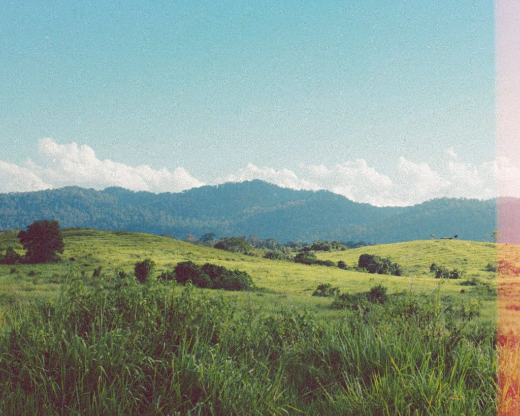 Rolling green hills beneath a mountain ridge